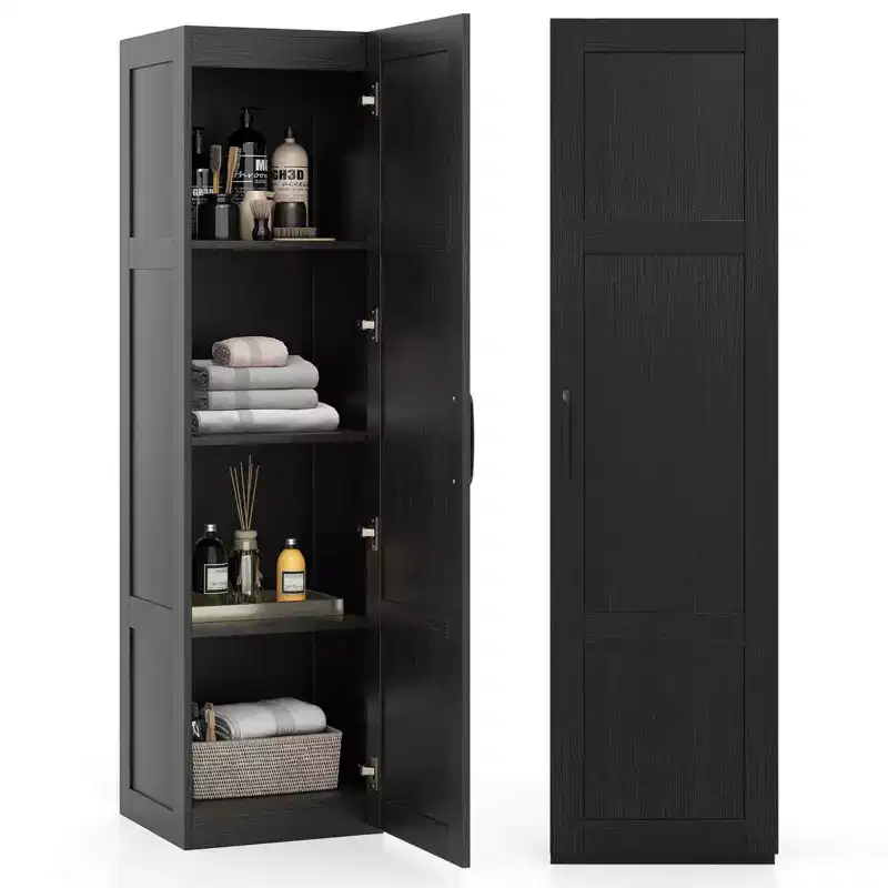 Costway 4-Tier Storage Cabinet with Door Freestanding Bathroom Cabinet for Small Space Black/Natural/White