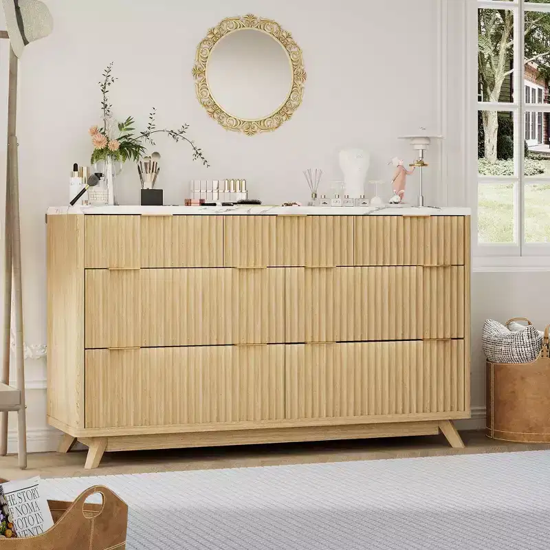 Fluted 7 Drawers Dresser, 54 Wide Modern Chest of Drawers, Curved Profile Design, Large Storage Cabinet Organizer for Bedroom, Living Room, Hallway