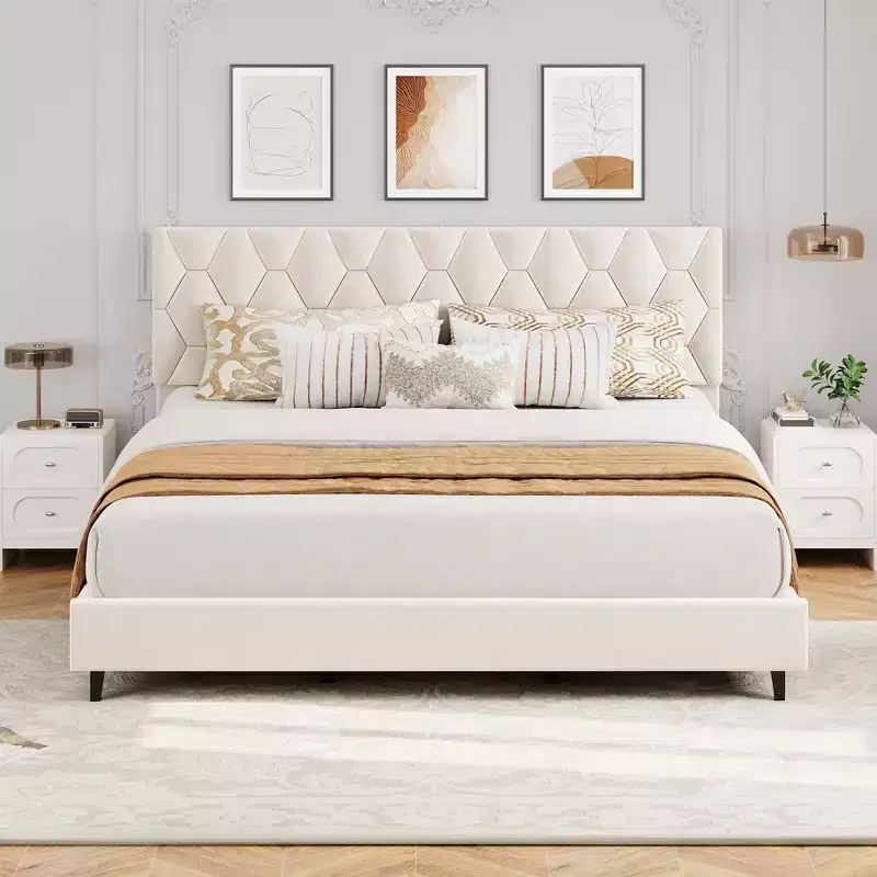 King Platform Bed Frame w/Upholstered Headboard & Wooden Slats Support, Upholstered Mattress Foundation/No Box Spring Needed/Easy Assembly, Beige