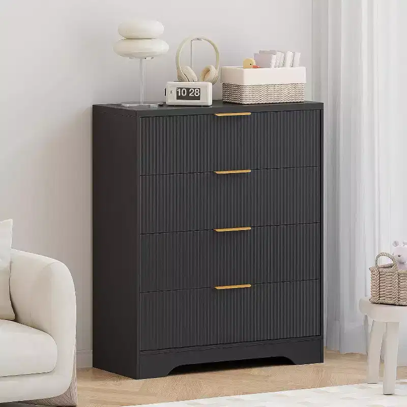Fluted Dresser with 4 Drawers, 38.6 Inch Tall Chest of Drawers with Gold Metal Handles for Bedroom, Living Room and Hallway