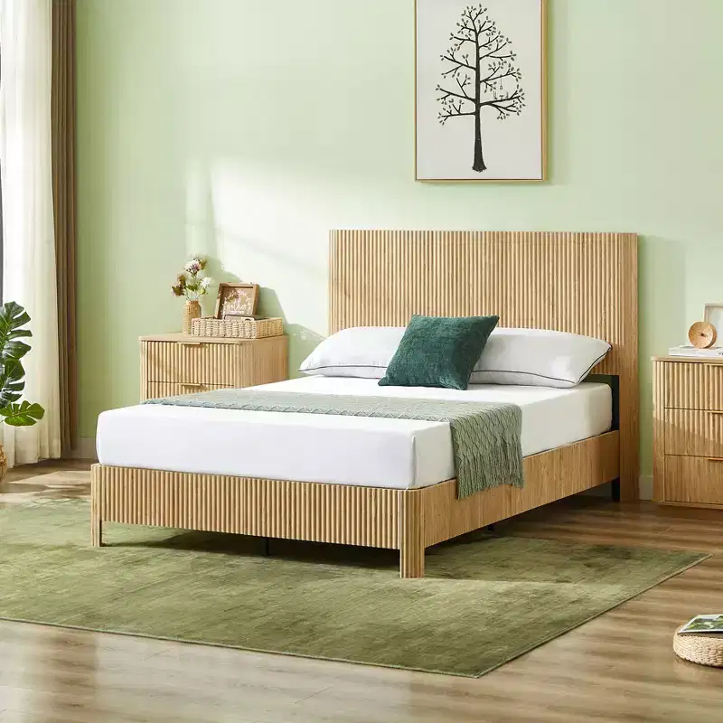 Full/Queen/King Size Wood Platform Bed Frame with Corrugated Accents - ModernLuxe