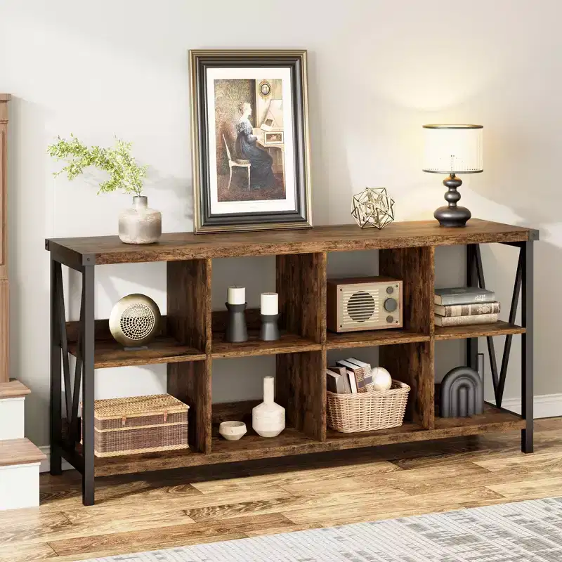 Storage Cube Organizer, Bookshelf with 8 Cubes C Farmhouse Console Table for Entryway, Living Room