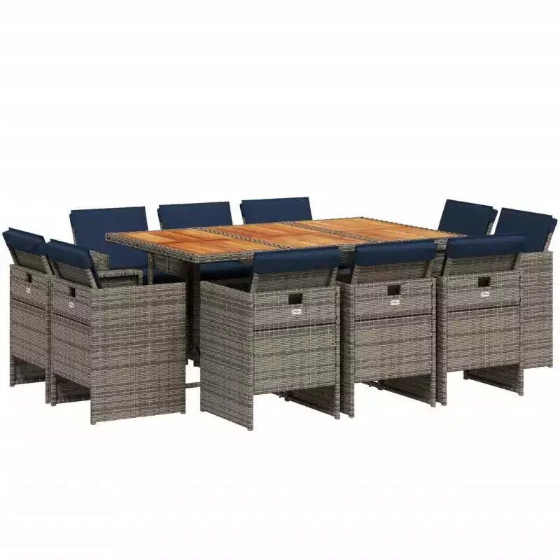 vidaXL Patio Dining Set Set of 10 Gray PE Rattan Large Collapsible