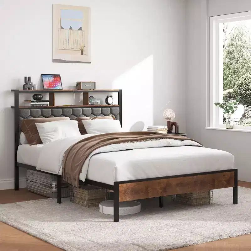 Brown Upholstered Platform Bed Frame with USB Ports | Full/Queen/King | Sleeps 1–2