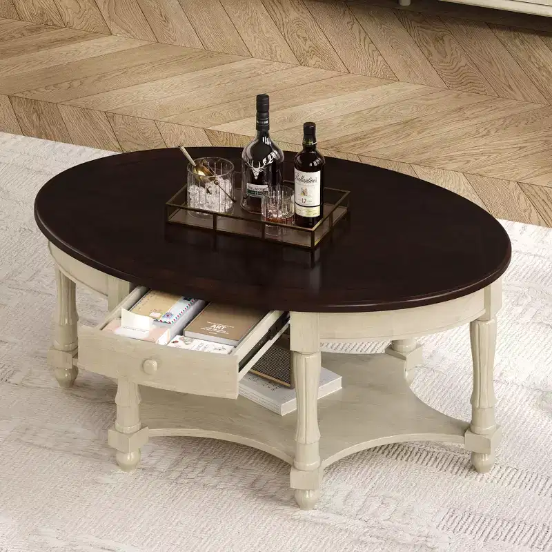 Vintage Oval Coffee Table with Storage Drawer and Shelf, Antique Wood Center Table for Living Room