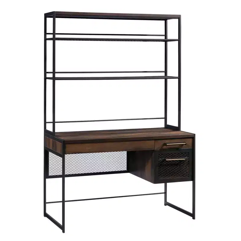 Home Office Desk with Hutch, Shelf and File Drawer, Barrel Oak