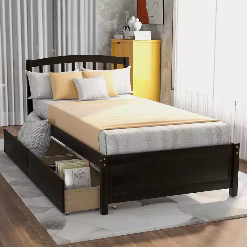 FAMYYT Twin Size Wood Platform Bed With 2 Storage Drawers, Easy Assembly