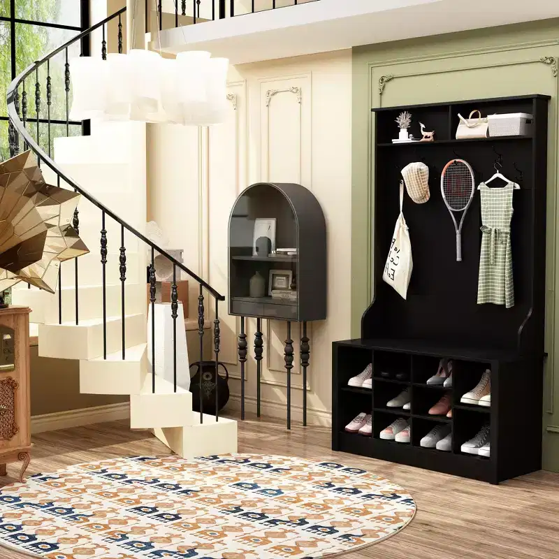 Famapy Wood 3-in-1 Hall Tree Bench with Double Hooks and Shelves