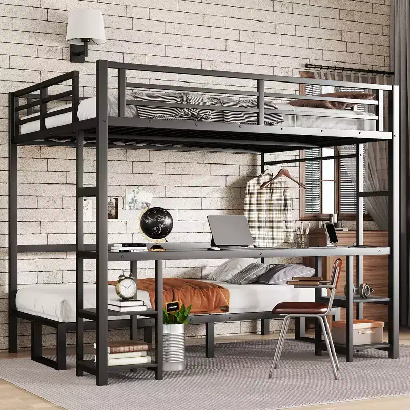 Queen Over Twin XL Metal Bunk Bed with Desk, Shelves, LED Lights and USB Ports, Converts to Sofa, Black