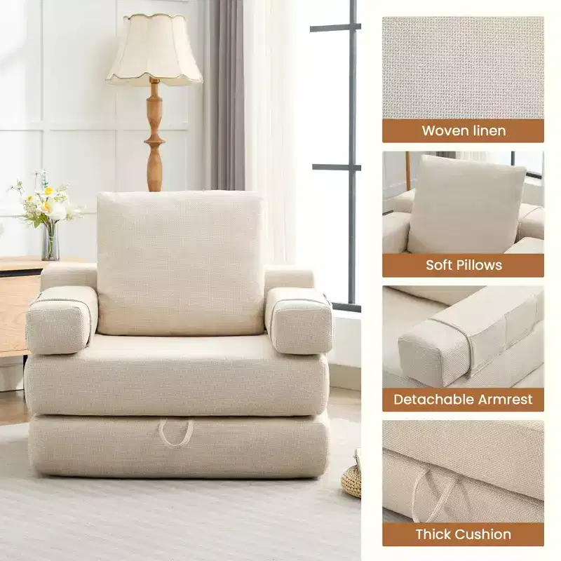 Fold-Down Convertible Sleeper Sofa Chair with Removable Armrests & Washable Cover