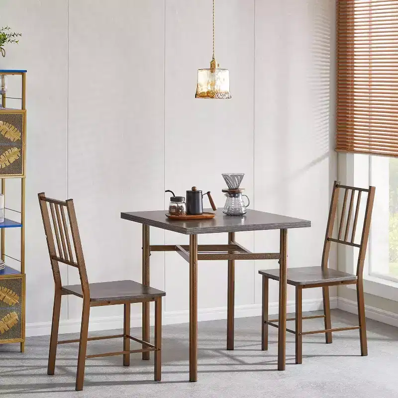 2-Piece Dining Set, Square 47.3 Wood Table with Metal Legs & Matching Chairs, Antique Brown Kitchen Table for Small Spaces