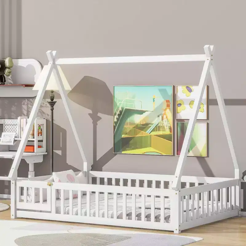 Full Tent-shaped Floor Bed with Guardrails, Door, White