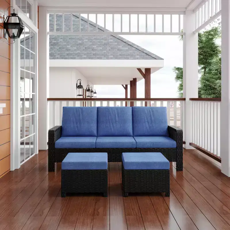 GDFStudio Byron Modern 3-Piece Wicker Outdoor Chat Set with 3-Seat Sofa and 2 Ottomans