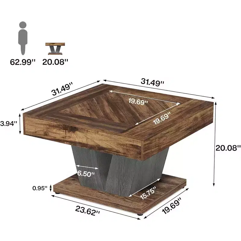 Lantine Square Coffee Table, Wood Center Table for Living Room, 31.5 Modern Cocktail Tea Accent Table, Rustic Brown & Black
