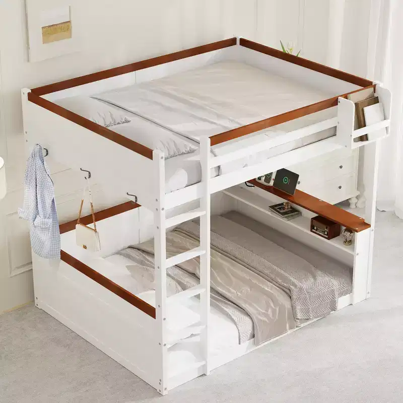Whisen Queen Size Wooden Bunk Bed with Storage Shelves, Box, LED Light and USB Charging Station