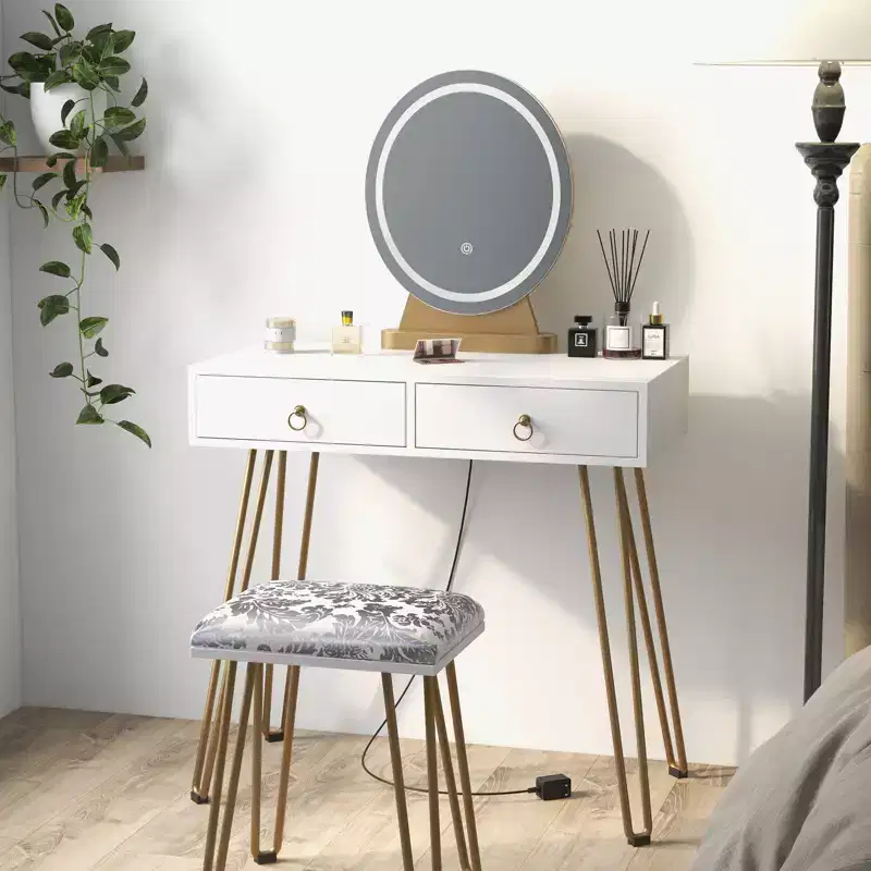 Table with Mirror Lamp, Dressing Table with 4 Drawers, Round Mirror, 3 Lighting Modes, Upholstered Stool  Bedroom Dressing Table