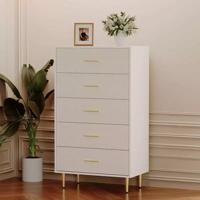 Tall Narrow Wooden White 5 Drawer Dresser with Gold Metal Handles and Legs for Bedroom, Living Room, Entryway