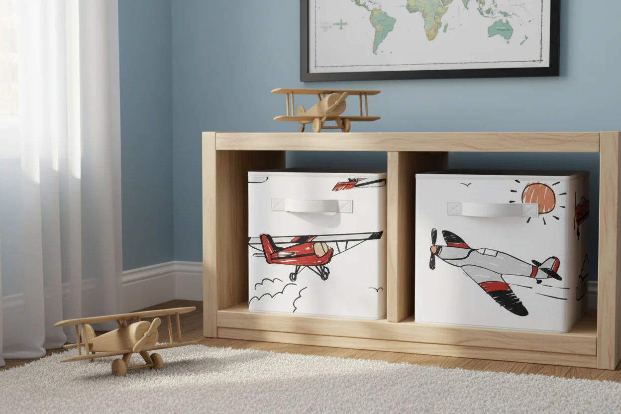 Boy Kids' Decorative Fabric Storage Bins Airplane Red Blue and Grey
