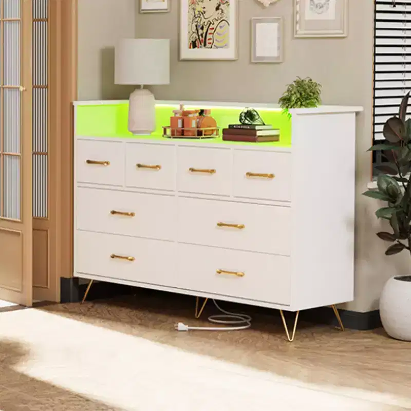 8-Drawer Dresser with Power Outlet, LED Lights & Gold Handles, Modern Wood Chest, White
