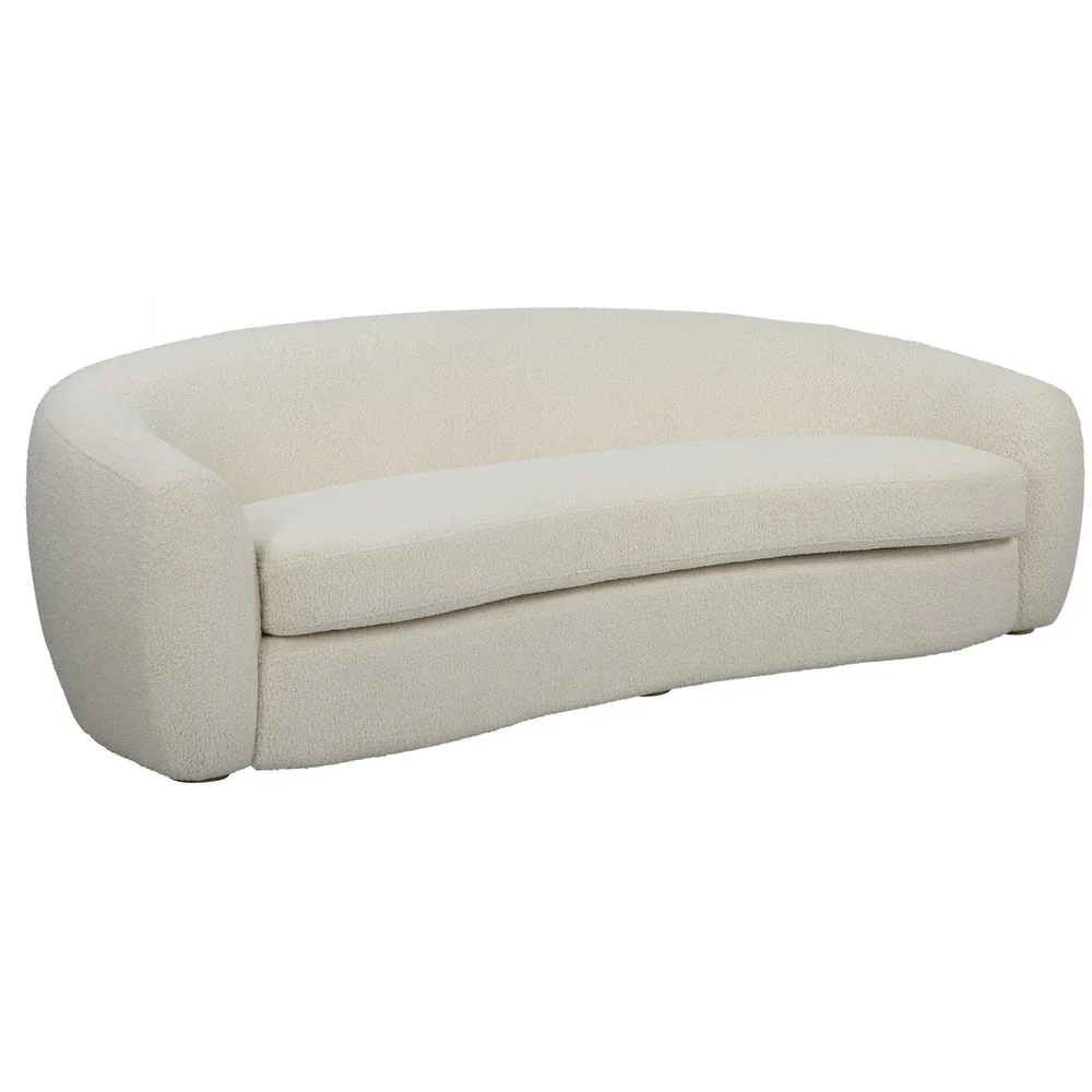 Art Deco Curved Off-White Faux Shearling Natural Oak Feet Sofa