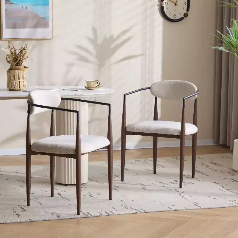 Set of 2 Eva Modern Upholstered Iron Dining Chairs with Curved Open Back Beige/Dark Brown