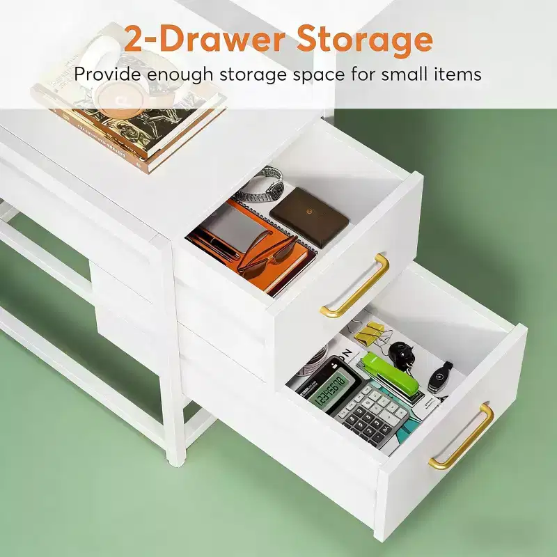 Tall Computer Desk with Hutch, 2 Drawers & Open Shelves, Modern Writing Table, White, 59.89