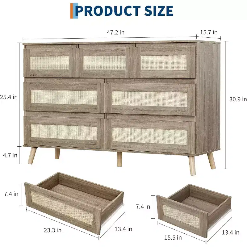 Rattan 7 Drawer Dresser for Bedroom, Wooden Dressers & Chests of Drawers, Modern Farmhouse Storage Organizer for Closet, Living Room