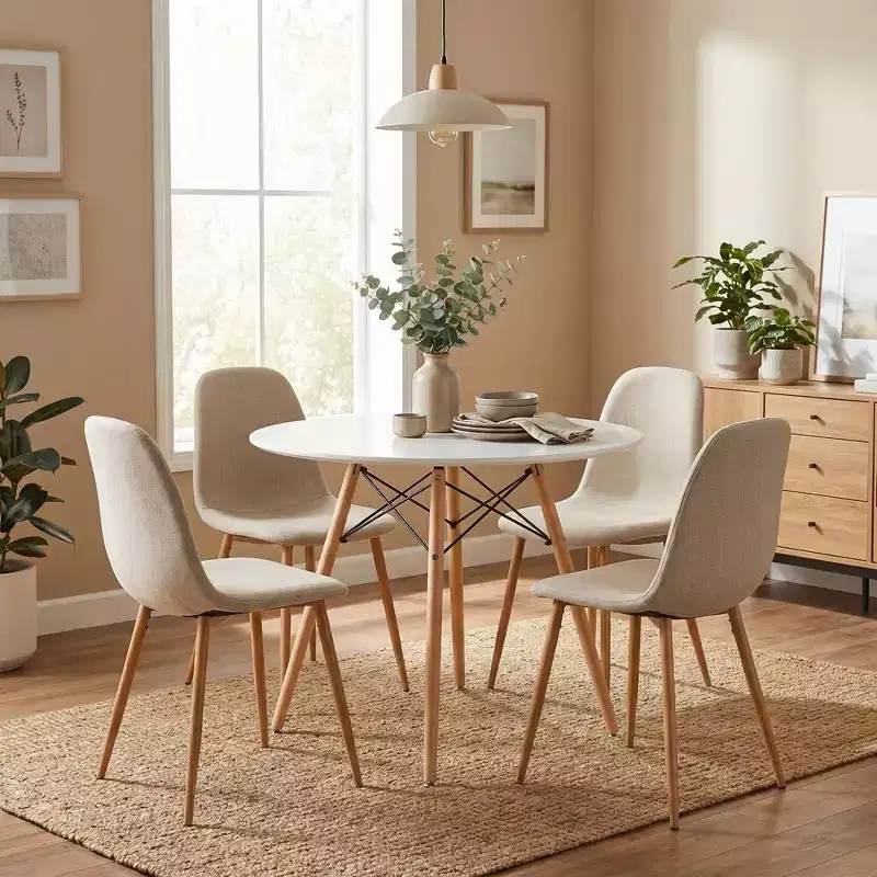 FurnitureR Round Dining Table Set for 4, 31.5 Kitchen Table with 4 Upholstered Chairs, Wood Legs Dining Set for Small Space, Apartment,Breakfast Nook