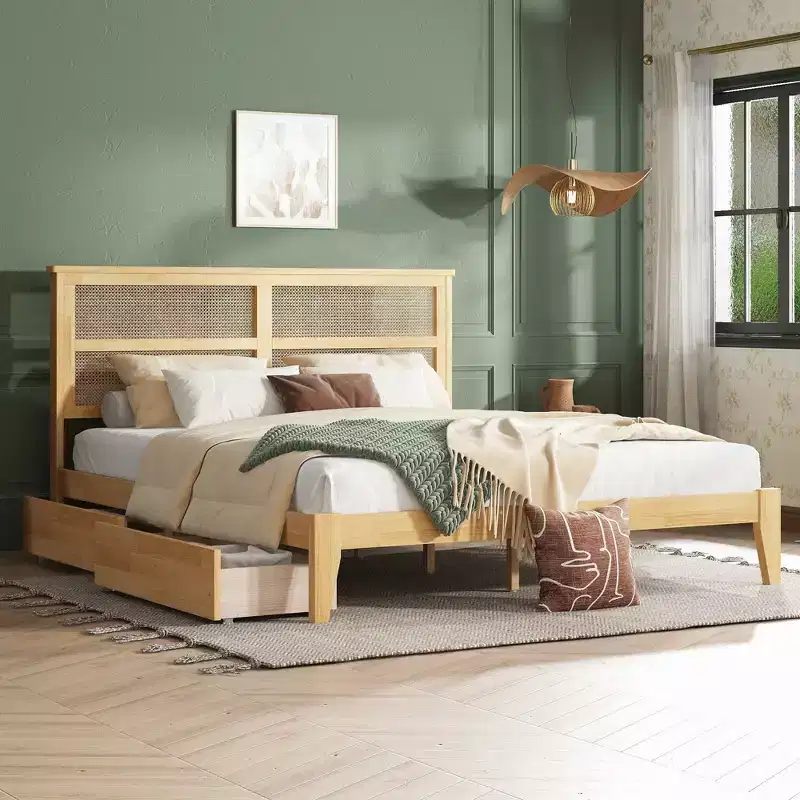 King Wood Bed Frame with Rattan Headboard & 2 Storage Drawers, White Oak