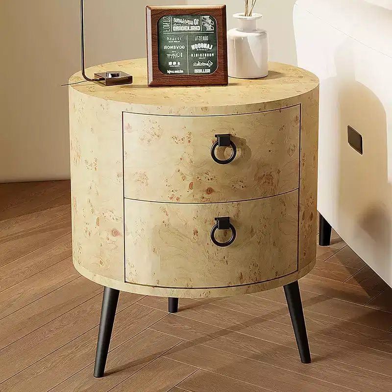 Round Side Table with Drawers Modern Night Stand with Storage Wooden Accent End Table Circle Bedside Table with Metal Legs for Living Room