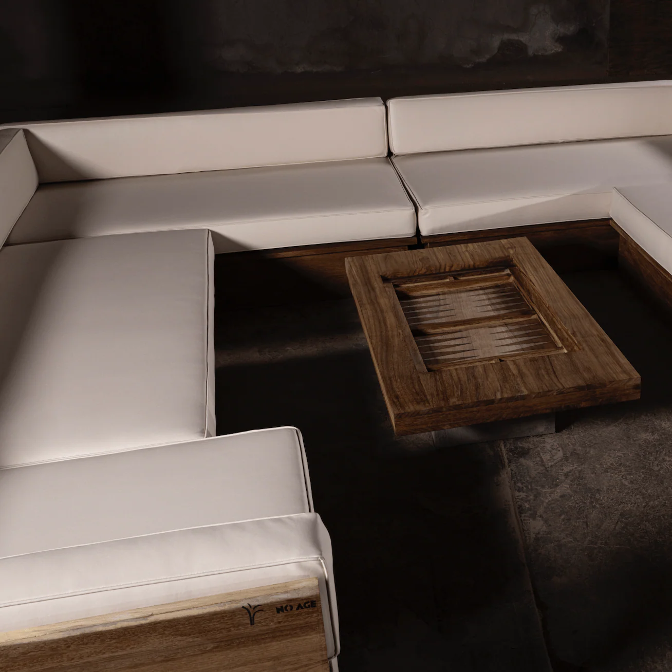 U-shaped Sectional Sofa - Featuring a sturdy wood base with a rich, natural finish, it’s paired with plush white synthetic leather cushions that...