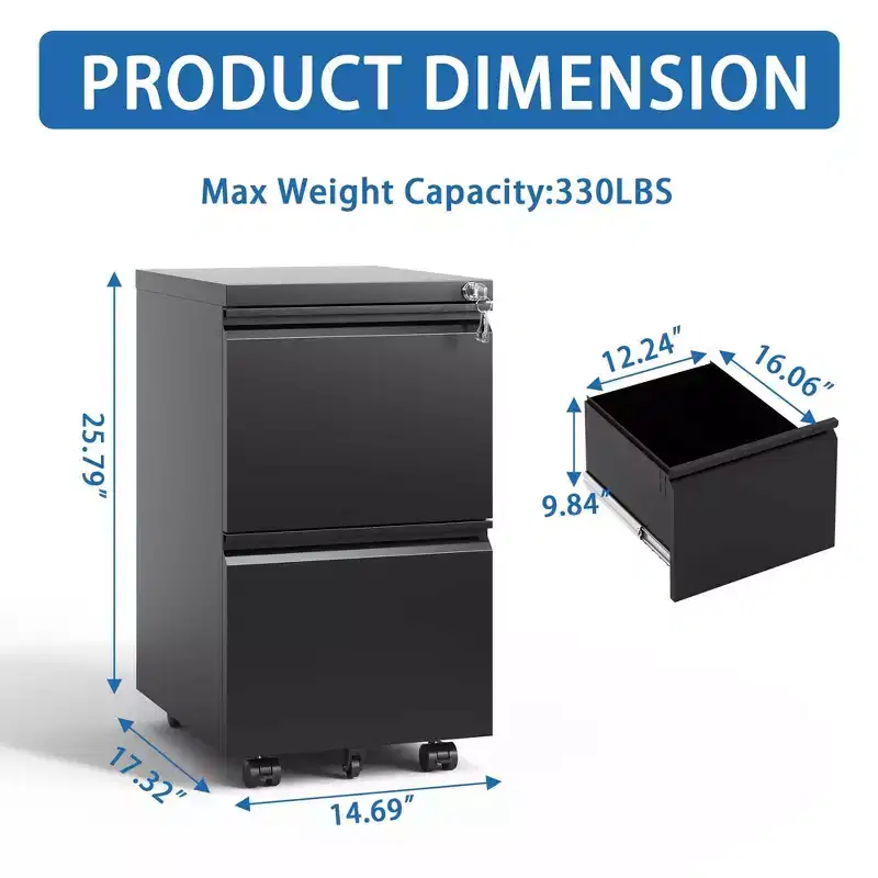 2 Drawer Filing Cabinet with Lock, Metal Mobile File Cabinet, Vertical File Cabinet, Modern Storage Cabinet , Pre-Assembled Except Wheels Black
