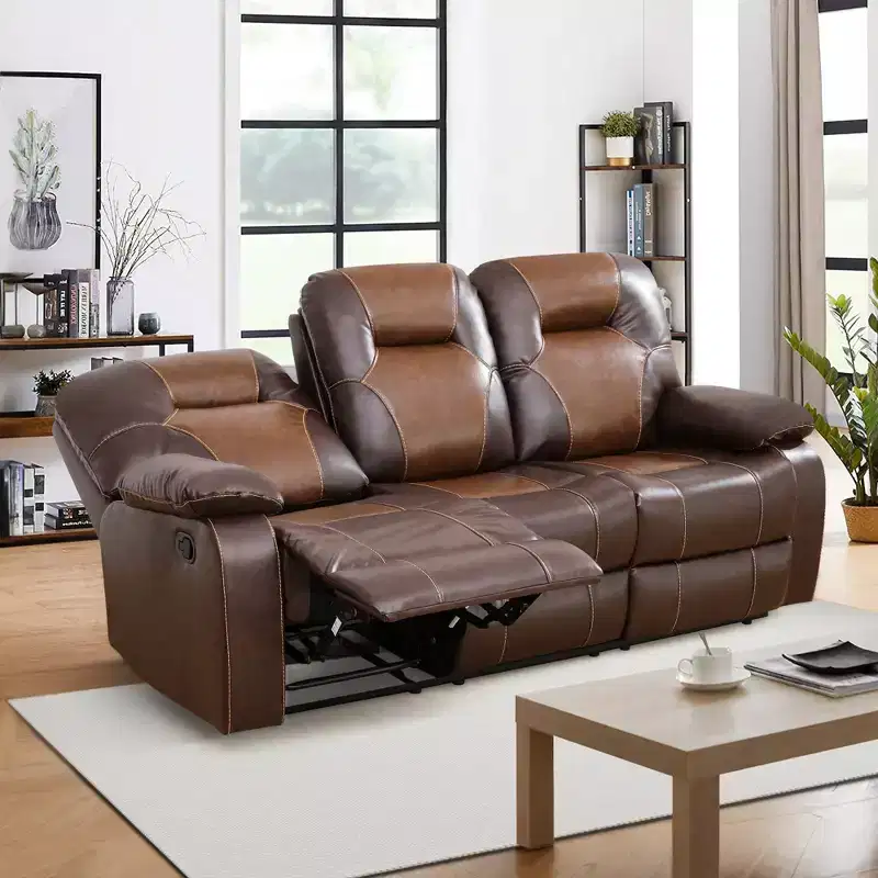 3-Seat Breathable Leather Reclining Sofa with Reversible Coffee Table for Living Room – Brown