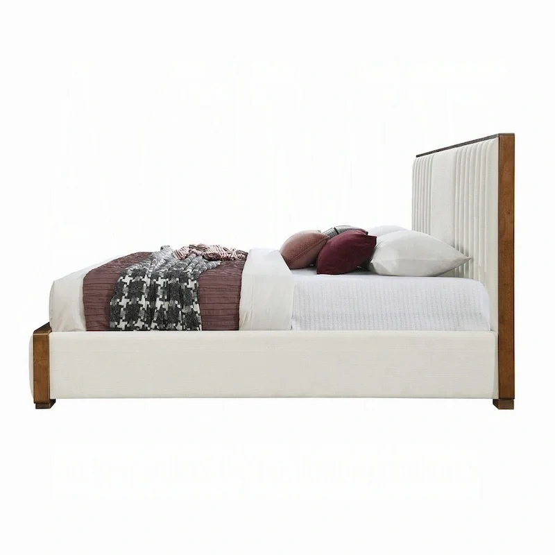 Lesa King Bed, Channel Tufted Beige Chenille Upholstery, Walnut Brown