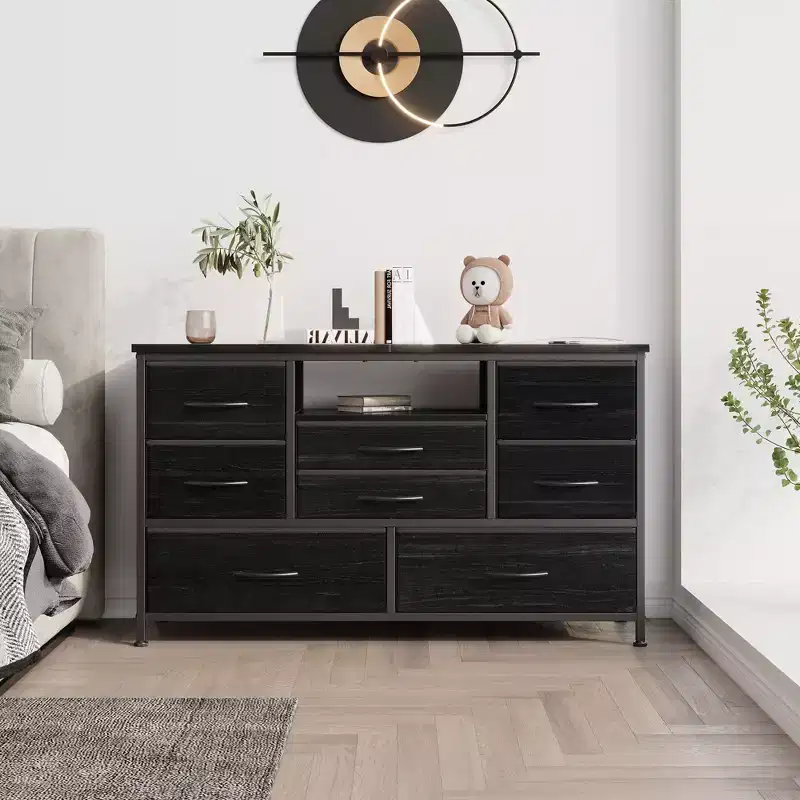 8-Drawer TV Stand for 55 TVs - Media Console with Adjustable Lights & Wood Top, Long Dresser for Bedroom & Living Room Storage