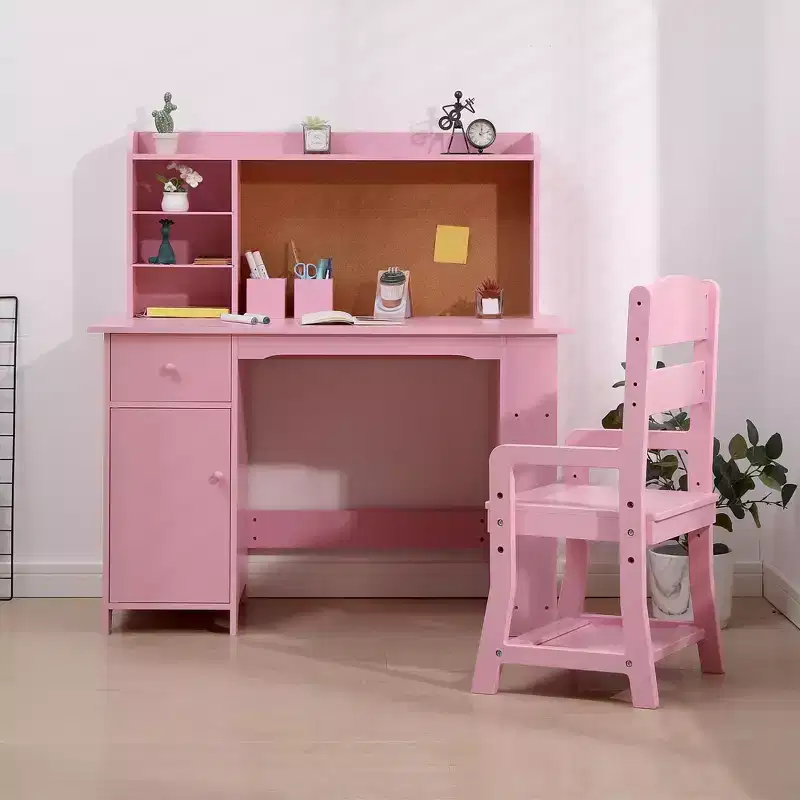 Kids Desk, Study Desk and Chair Set for Boys and Girl, Wooden Kids Writing Table with Bookshelf, Cabinet and Drawer for Ages 3-8, Pink