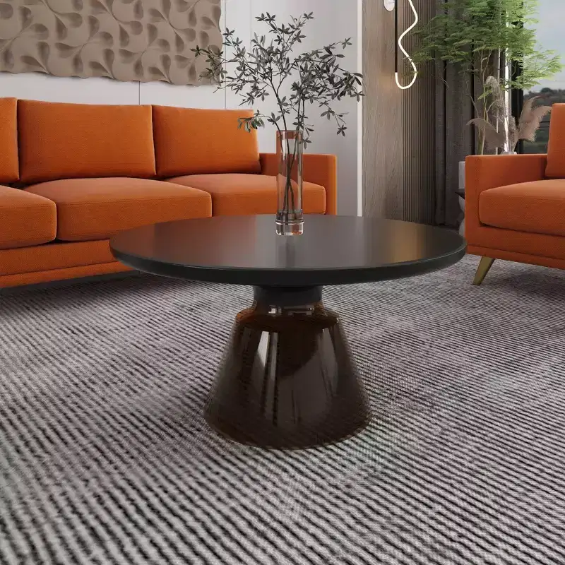 Modern Glass Coffee Table - Round Center Table with Black Rim and Sturdy Metal Frame for Living Room and Lounge