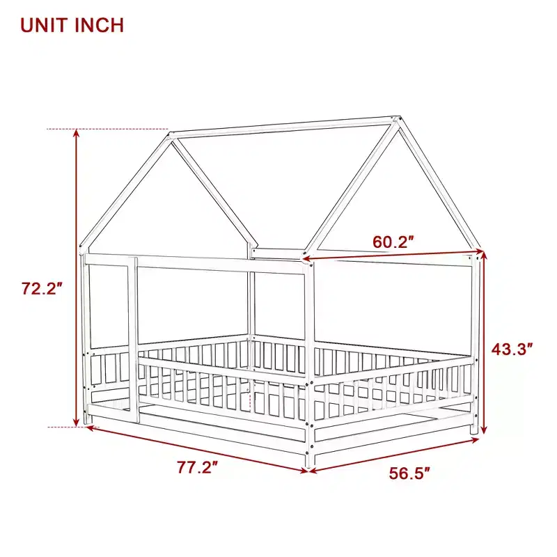 Full Size House Bed for Kids, Solid Wood Floor Bed, Montessori Floor Bed with Fence and Roof, (Full, Natural)