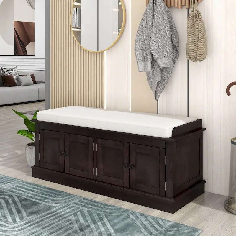 Storage Bench with 4 Doors and Adjustable Shelves, Shoe Bench with Removable Cushion for Living Room, Entryway