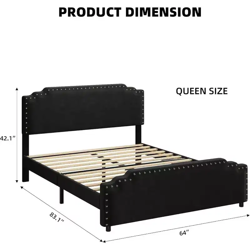 Bed Frame, Velvet Upholstered Platform Bed Frame with Riveted Decorative Headboard, No Box Spring Noiseless, Easy to Assemble