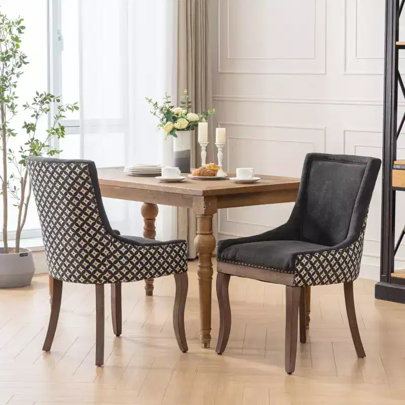 Okak Retro Dining Chairs Set of 2, Comfy Fabric Chairs with Thick Cushions, Kitchen Side Chairs with Solid Wood Legs Bronze Nail Head