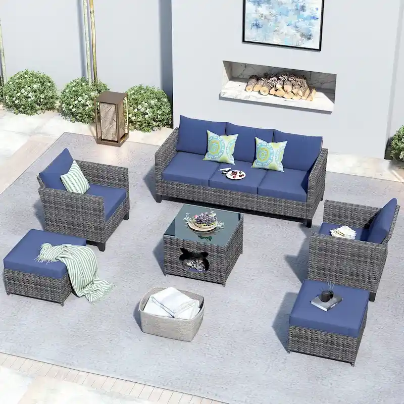OVIOS 6-piece Patio Wicker Conversation Sectional Set With Cat Head-shaped Storage Table