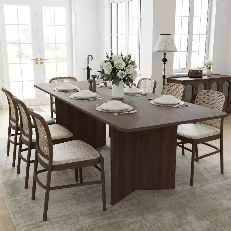 79 x 33.5 Solid Wood Farmhouse Dining Table with V-Shaped Legs and Square Wood Top for Modern Dining Rooms & Family Gatherings Walnut
