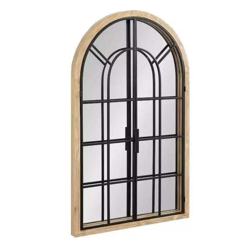 &  26"x42"  Wood/Metal Arch Windowpane Mirror Natural: Transitional Farmhouse Design