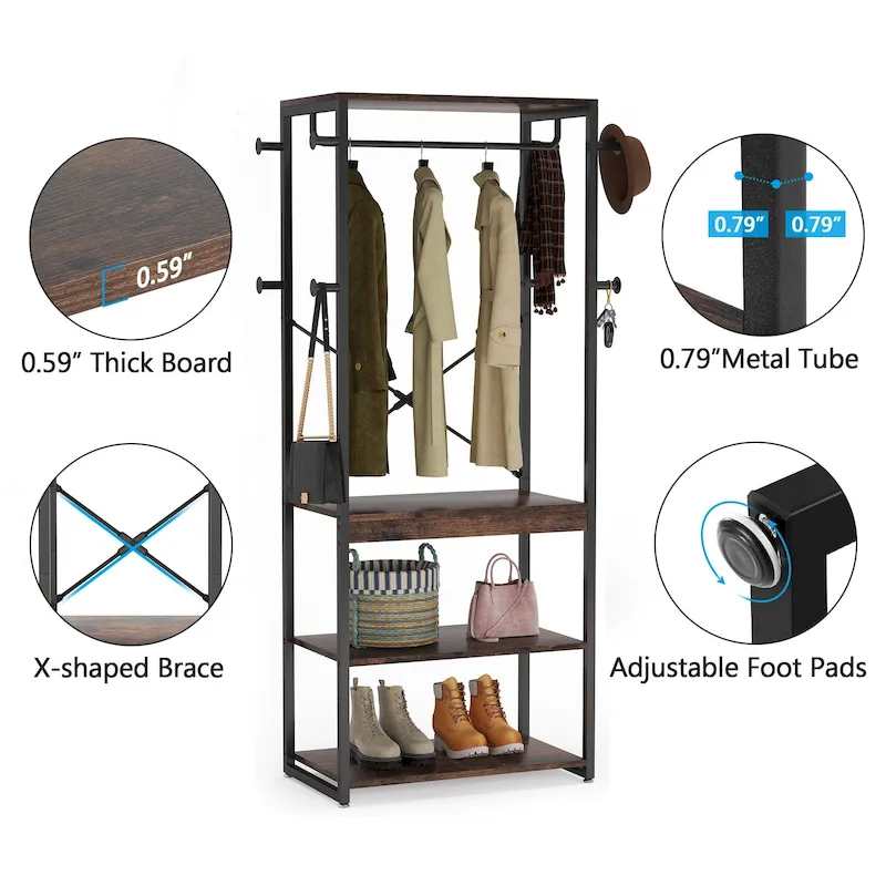 Freestanding Coat Rack with Shelves, 4 Shelves and 8 Hooks