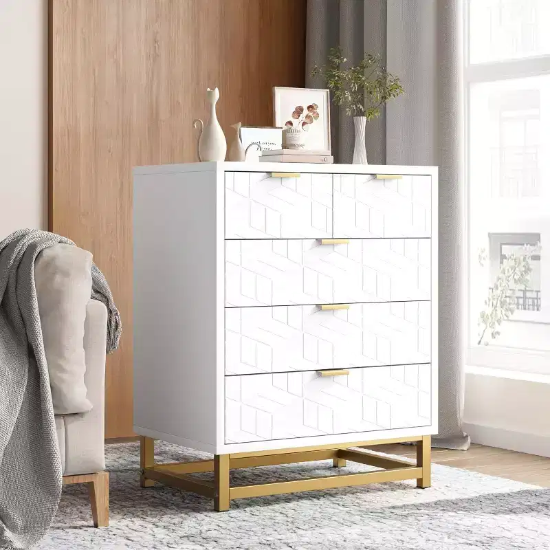 Modern Dresser for Bedroom, 23.6 Inch Wide Dresser, 5 Drawers with Metal Legs, Small Storage Tower for Entrance, Hallway, Living Room and Closet