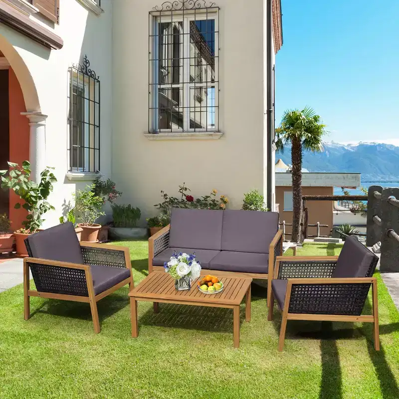 Costway 4PCS Patio Rattan Furniture Set Acacia Wood Cushioned Sofa Off