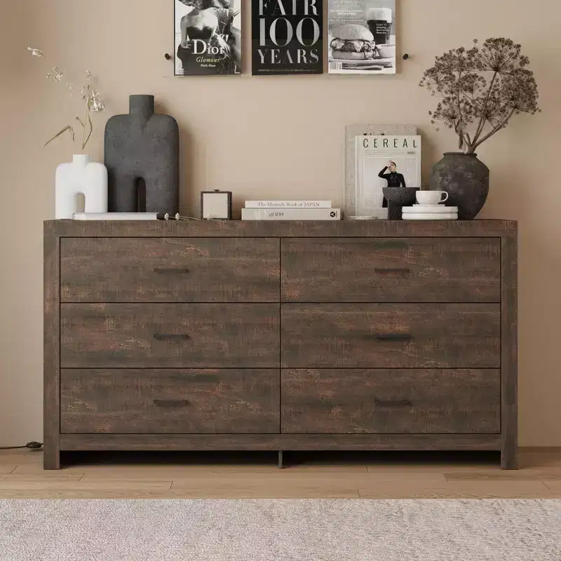 Famapy Wood Grain Dresser With Six Drawers And Black Handles For Living Room Storage