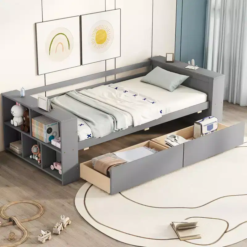 Wood Twin Size Daybed Frame with Storage Drawers, Day Bed Frame Twin with Storage Shelves for Kids Boys Girls