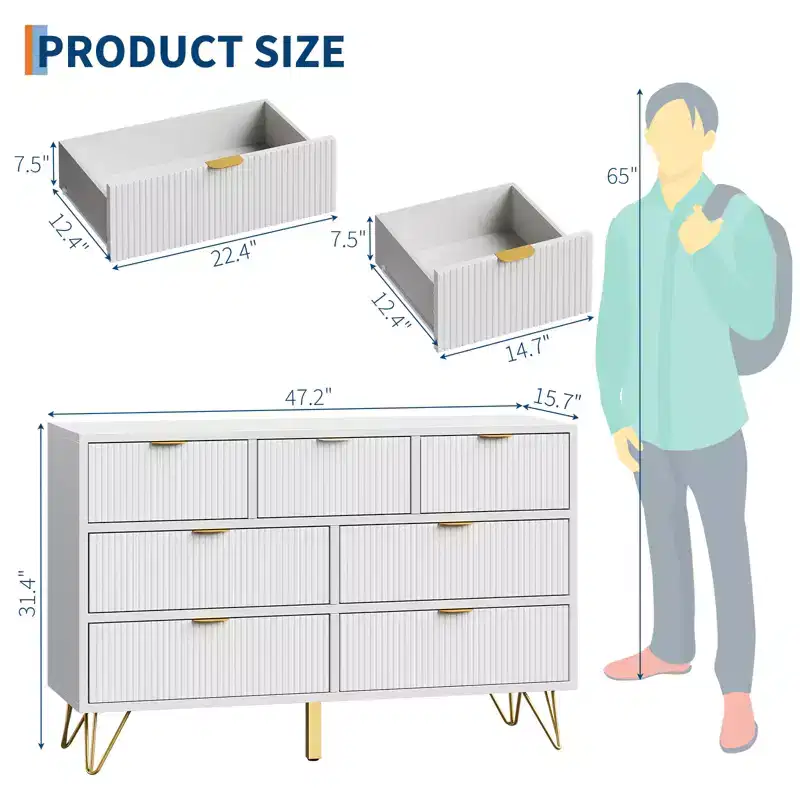 Modern Dresser for Bedroom, 7 Drawer Dresser, White Dresser,Wooden Chest of Drawer with Gold Metal Legs and Handles, Narrow Entryway Table TV Cabinet